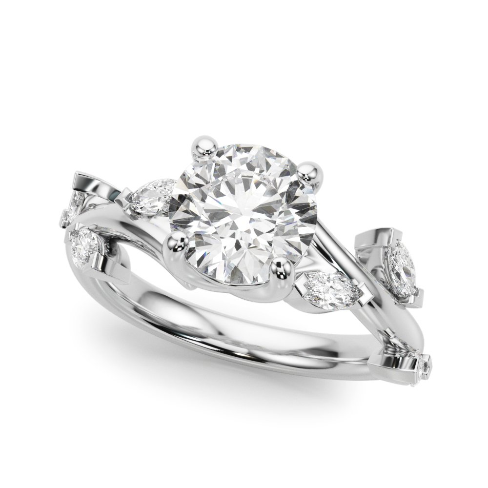 Angle view of round cut diamond marquise leaf engagement ring in white gold