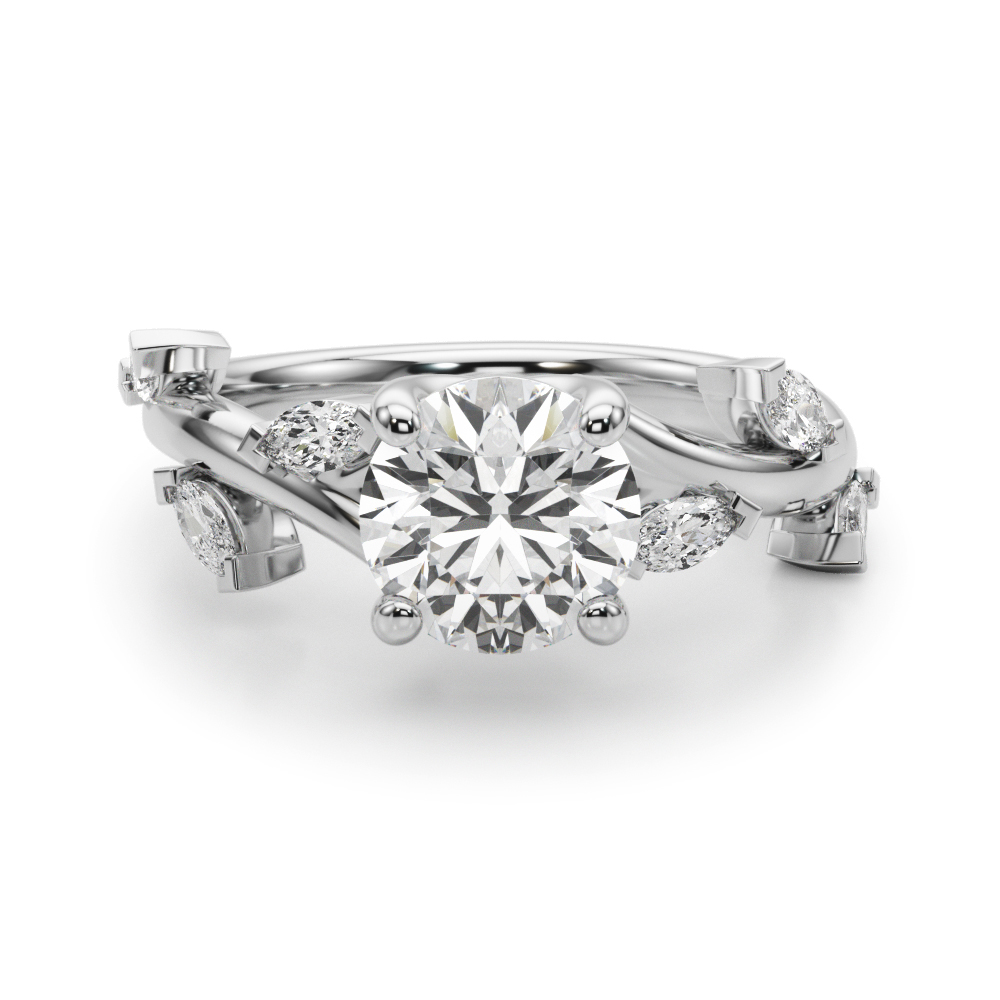 round cut diamond marquise leaf engagement ring in white gold