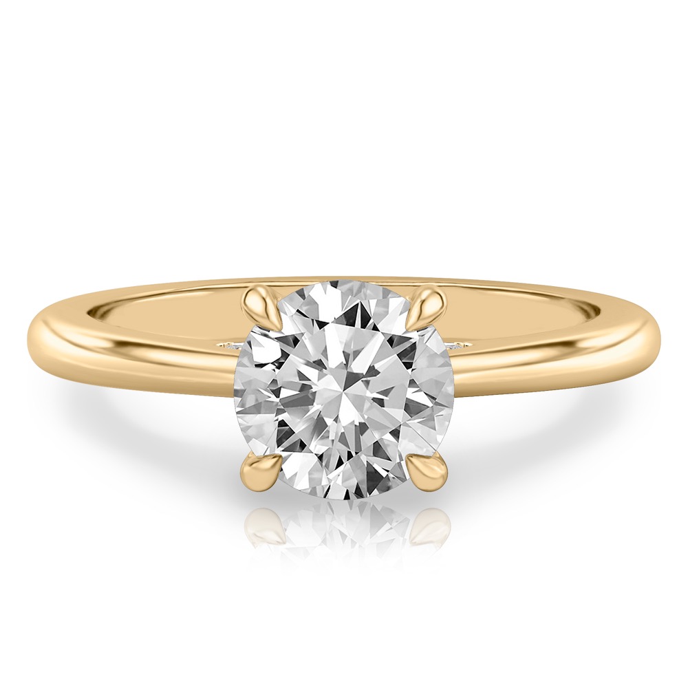 round cut diamond pave bridge engagement ring in yellow gold