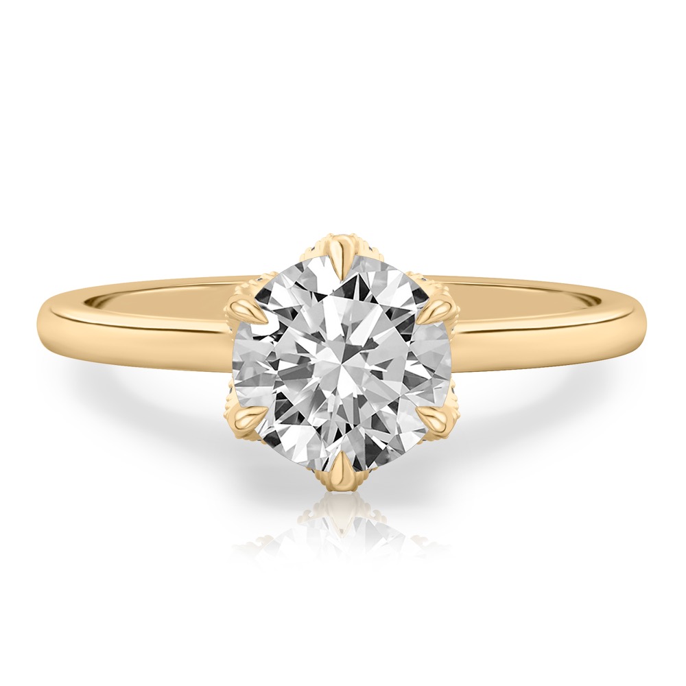 round cut diamond pave petal prong engagement ring in yellow gold