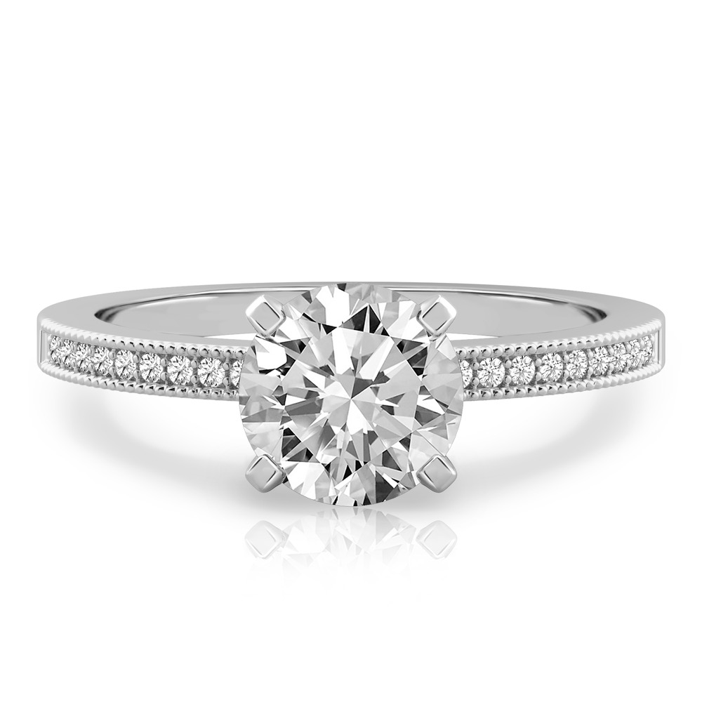 round cut diamond petite milgrain diamond engagement ring in white gold