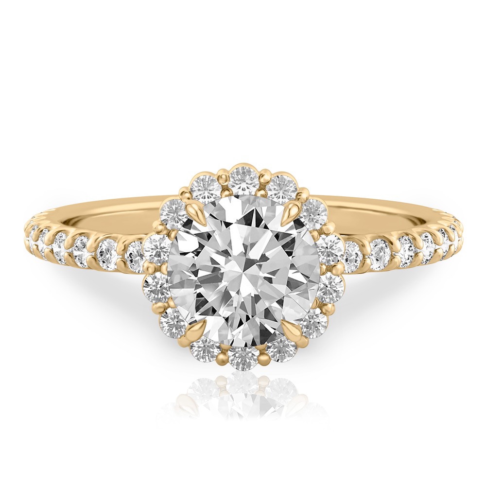 round cut diamond scalloped halo engagement ring yellow gold