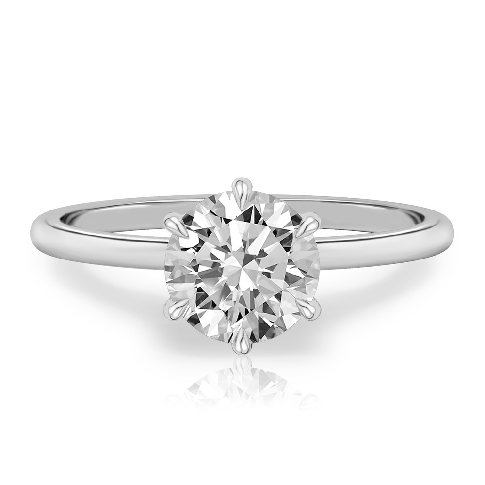 round cut diamond six prong delicate solitaire engagement ring white gold