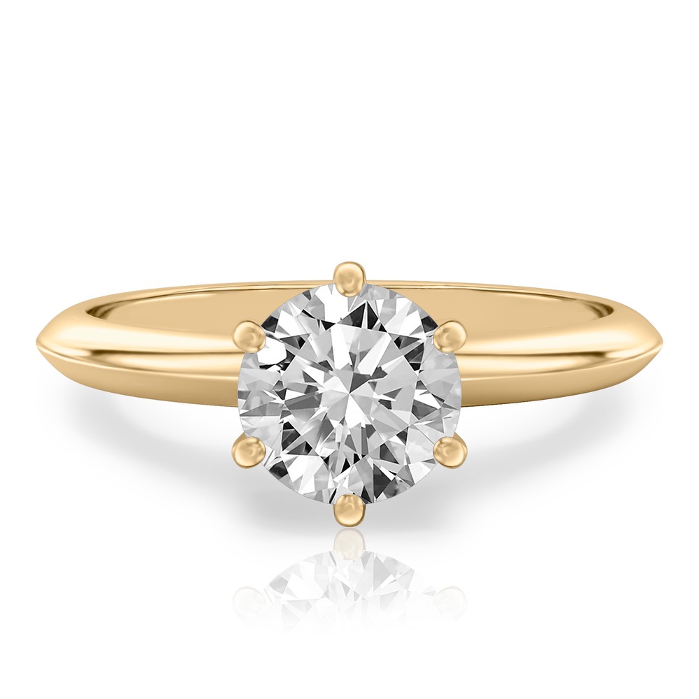 round cut diamond six prong engagement ring in yellow gold