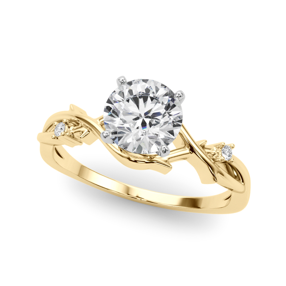 Angle view of round cut diamond thorn engagement ring yellow gold