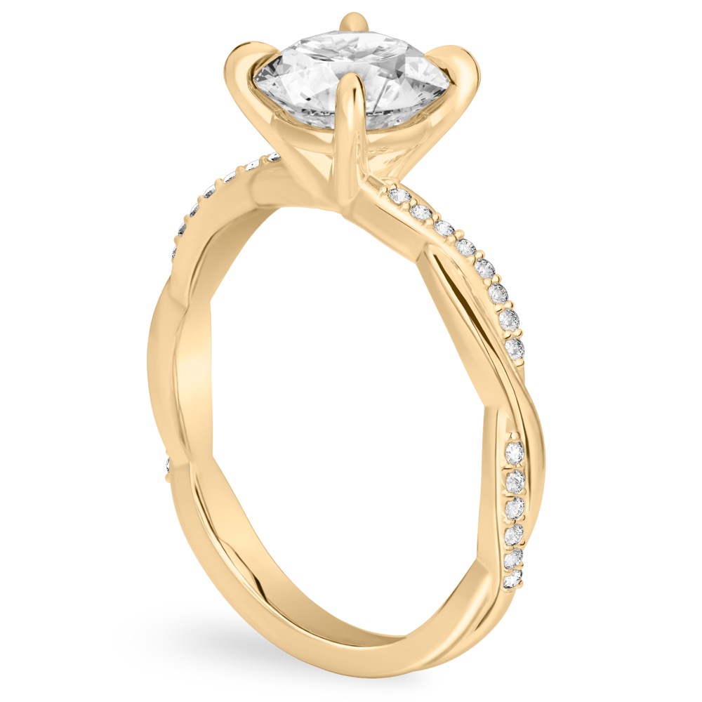 round cut diamond twist engagement ring yellow gold angle