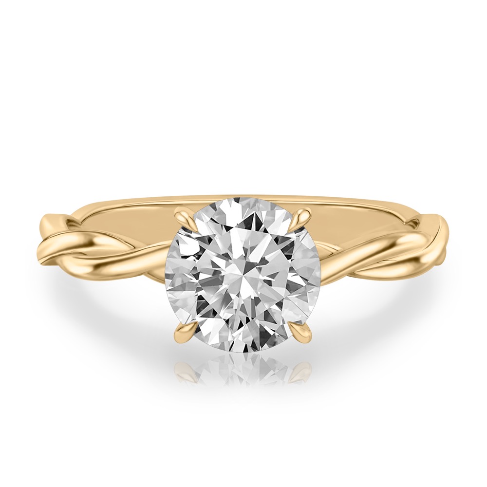 round cut diamond twisted hidden halo engagement ring in yellow gold