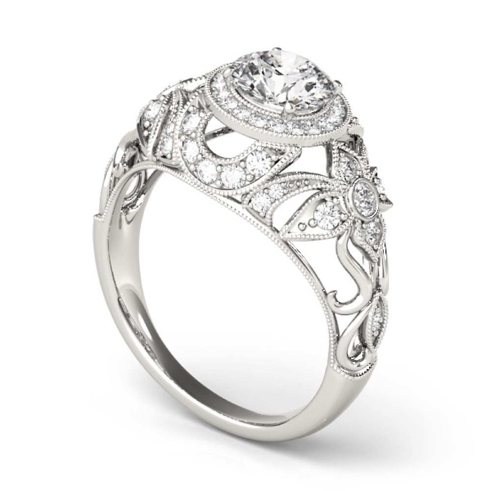 angle view of gallery of ornate vintage inspired halo ring in white gold