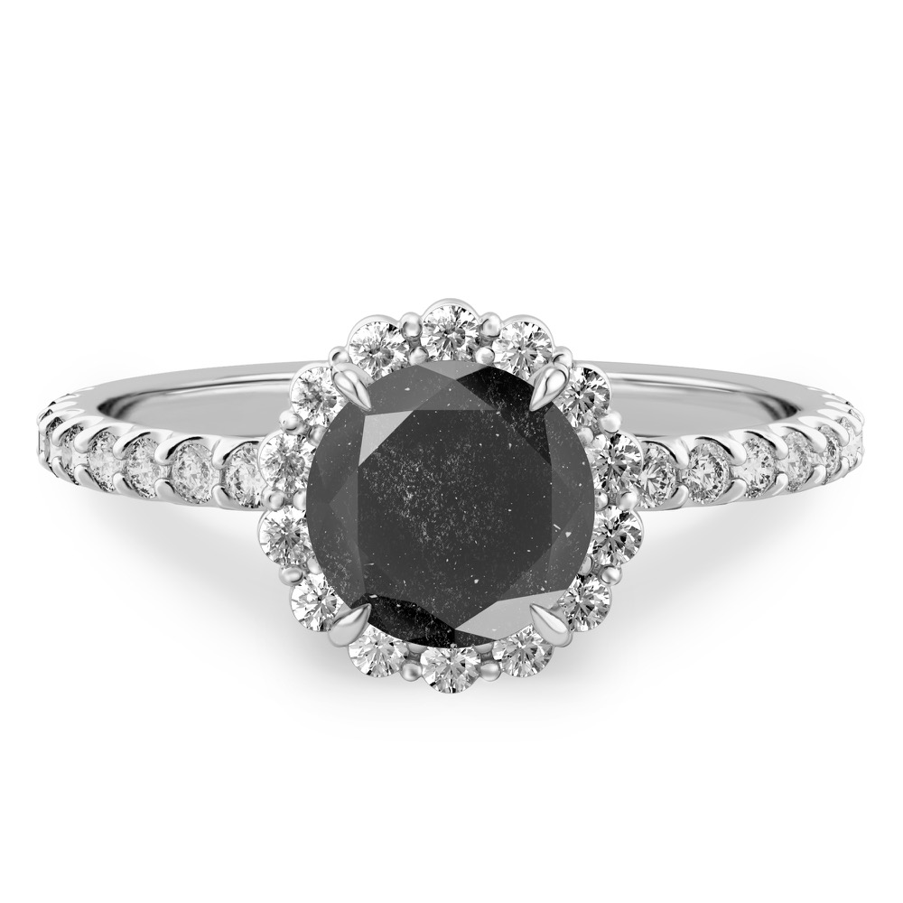 white gold halo engagement ring with round salt and pepper black diamond