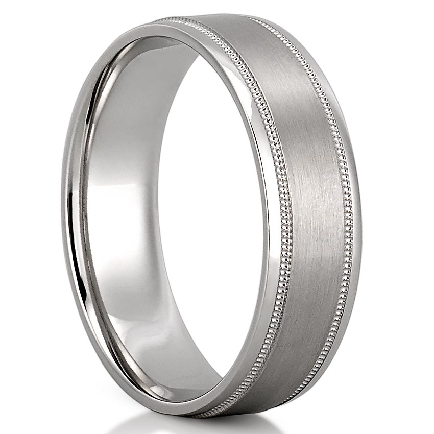 Angle view of satin finish milgrain wedding band in white gold