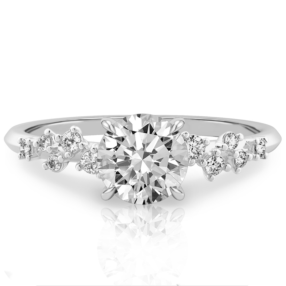 scattered diamond engagement ring with round center stone white gold