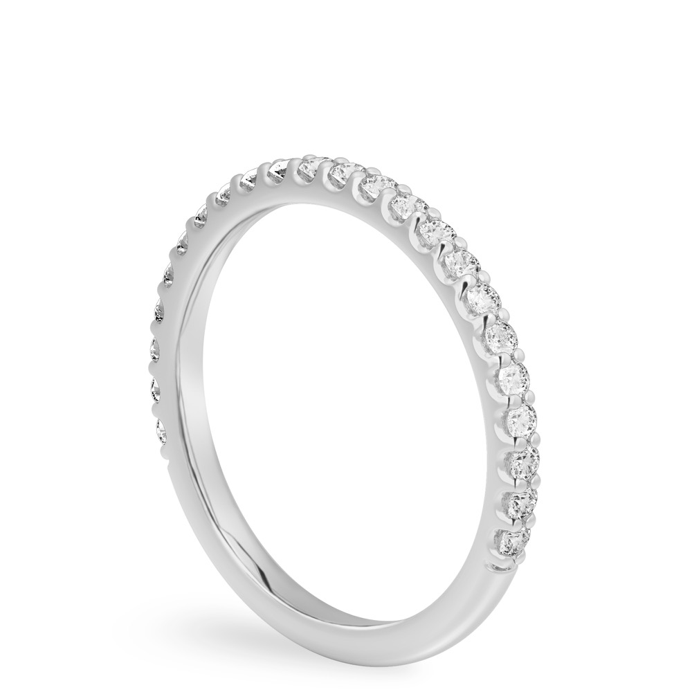 Angle view of shared prong wedding band in white gold