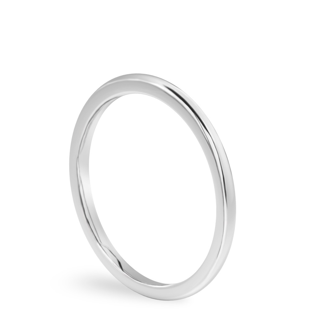 Angle view of simple wedding band in white gold